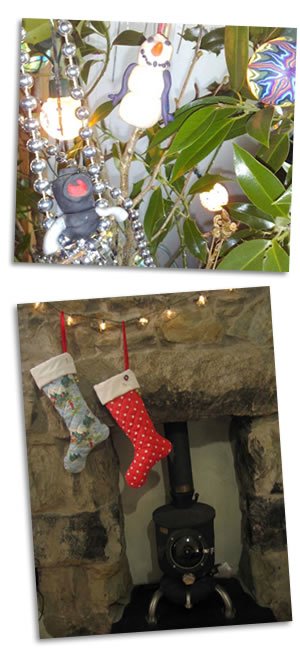 Fimo hotpod and christimas stockings hanging by the hotpod stove