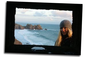 Lucy through pill box window at Porthcurnow